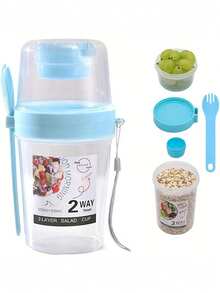 1PC Creative Double-Layer Salad Cup, Oatmeal Cup With Spoon And Lid, Low-Fat Milk Cup, Yogurt Cup, Portable Fruit And Vegetable Milk Cup, Cup, Water Cup, Pearl Milk Tea Cup, Coffee Cup, Suitable For Picnic Camping Portable Cup, School Supplies, Unique Gift