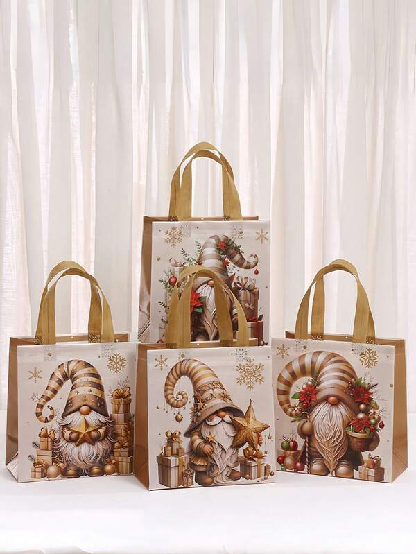 4pcs Gold Christmas Theme Non-Woven Laminated Bags, Cute Santa Claus, Christmas Tree, Christmas Flower Holiday Gift Bags