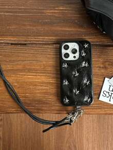 Étui de téléphone  noir premium 3D avec étoile argentée compatible avec l'iPhone 16 Pro Max, l'iPhone 15 nouvelle version 16 Pro avec dragonne, design minimaliste pour l'iPhone 14 Pro Max, l'iPhone 13, couverture complète