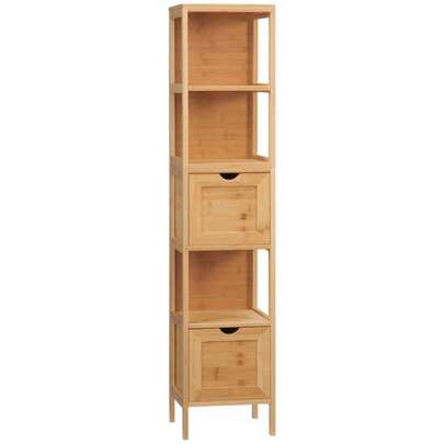 Kleankin Bathroom Cabinet, Bamboo Tall Cabinet With 3 Shelves And 2 Drawers, Anti-Tip Protection, Multi-Purpose Bathroom Side Cabinet