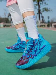 Men's Fashionable Shock-Absorbing Sports Shoes, Graffiti Teenage Basketball Shoes - Comfortable, Breathable, Non-Slip, Shock-Absorbing Sports Shoes Suitable For Training, Running And Walking (Handpainted Uneven, Camouflage Asymmetrical Pattern) - Blue and Purple - View 9