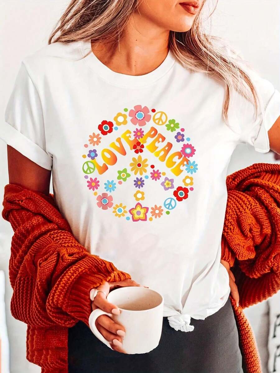 Women's 60s 70s Hippie Style LoVe PeaCe Floral Peace Sign Graphic T-Shirt - Soft Cotton Short Sleeve Crew Neck Casual Top, Retro Vintage Tee For Summer &Amp; Spring, Everyday Top, Comfortable Fit - White - View 1