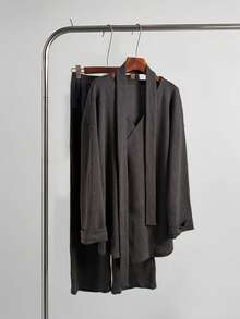 Women's Elegant 2 Pieces Set, Notched Neck Tie Front Loose Fit, Slightly Stretchy Fabric, Suitable For Winter Wear - Dark Grey - View 8