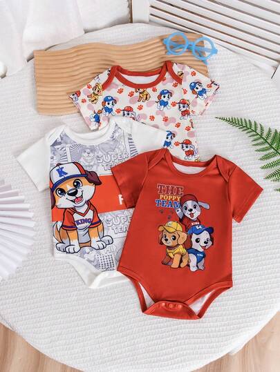 3pcs/Set Fashionable Baby Boy Clothes, Round Neck Short Sleeve Loose Cute Puppy Pattern Newborn Infant Bodysuit Outfit