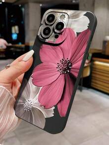 Flower 1pc Fashionable Floral Print Perforated Straight Edge Black Painted Anti-Drop Phone Case Compatible With IPhone 16/11/16pro/16plus/16promax/16e/15Promax/13/14/12/XS/XR/7G/8P, Compatible With Samsung Galaxy 11/12Pro/12/12X/13Pro/14Pro/15Pro/X3pro/, Compatible With Redmi 10/9/Note9/12c/Note11pro/Note8Pro/9C/9a, Anti-Drop Phone Protective Case