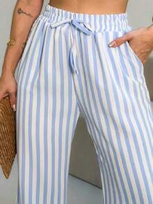 Wide Leg Striped Elastic Palazzo Pants With Pockets - 淺藍色 - 查看 5