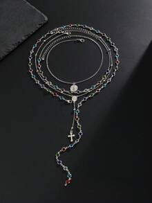 4pcs Set Retro Luxurious Colorful Crystal Y-Necklace, Men's Punk Metal Jesus Cross Pendant Long Necklace Set - Four-piece Necklace Set - View 10