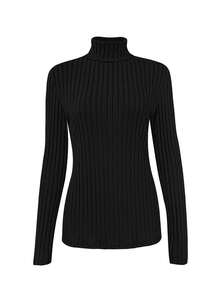 Women's Casual High Neck Solid Color Long Sleeve Brushed Ribbed Knit T-Shirt, Autumn/Winter Black - Black - View 5
