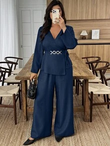 Doriss Große Größen 2-teiliges Anzug-Set mit Taillengürtel, V-Ausschnitt, Metallschnalle, Langarm, einfarbig, Hoher Kragen, Herbst, Damenmode