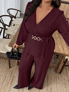 2pcs Plus Size Urban Chic V-Neck Metal Buckle Decor Long Sleeve Set, Solid Color, Palace Style, Suitable For Spring/Summer, Valentine's Day, Elegant Lady, Summer Holiday, Wedding & Events, Outing, Vacation, Beach, Spring Break - Red - View 4