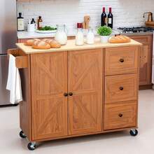Brown Mobile Kitchen Island Cart!2 Adjustable Shelves + 3 Drawers + Spice Rack-Lockable Wheels, Perfect As Coffee Bar Storage Cabinet KitchenStorageCart CoffeeBarEssentials - Brown - View 2
