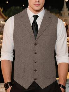 Casual Men's Vests Herringbone Tweed Vest V-Neck Waistcoat For Men Retro Men's Wedding Vests Hunting Travel Workwear Vest - 摩卡棕 - 查看 9