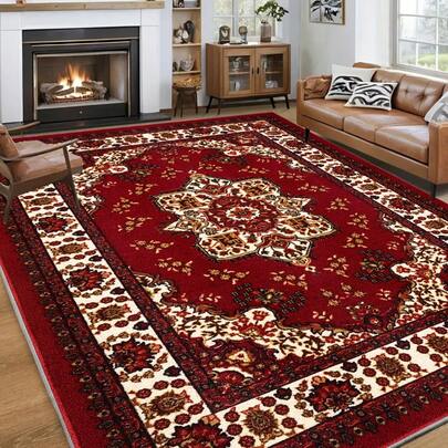 1pc Retro Boho Red & Golden Floral Design Area Rugs For Living Room, Floor Carpet For Bedroom, Carpets Home Decor Rugs, Homestay Hotel, Non-Slip Machine Washable Carpet, Home Decor Room Decor