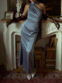 Đầm cocktail dự tiệc cưới cổ điển thanh lịch, thiết kế xếp ly eo, chất liệu co giãn, đầm dự tiệc cưới, đầm dự đám cưới mùa xuân. - Màu xanh bụi bặm - Xem 5