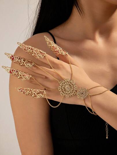 1pc Gothic Style Halloween Ghost Punk Nail Chain Finger Ring Cosplay Prop Hand Accessory