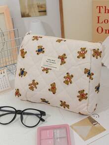 1 Piece Beige Strip Print Cosmetics Storage Bag Cute Brown Bear Pattern Make Up Bag Practical Makeup Bag Set Large Capacity Cosmetics Organizer Bag Foam Quilted Travel Toiletry Bag Lovely Cartoon Pattern Makeup Pouch Multi-Functional Items Storage Bag