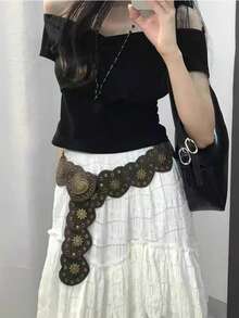 1pc Vintage Style Pattern Bohemian Heart Rivet Decorated Retro Waist Belt, Accessory For Women Daily Wear And Parties Fall, Autumn, Halloween - Brown - View 12