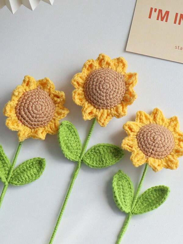 3pcs Knitted Fake Sunflower Crochet Artificial Daisy With Stem Decor Handmade Sunflower Bouquet Tabletop Decor Gift