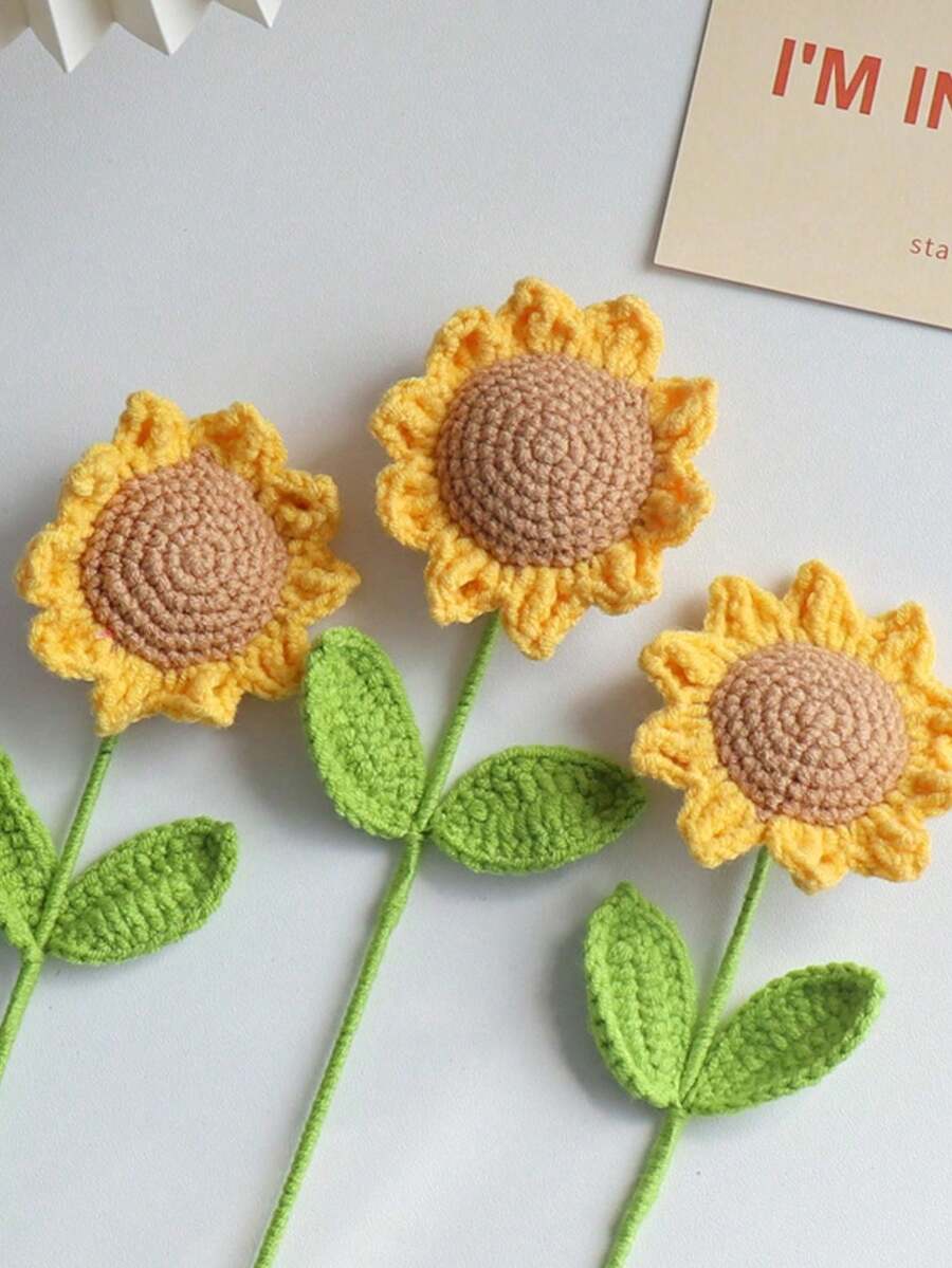 3pcs Knitted Fake Sunflower Crochet Artificial Daisy With Stem Decor Handmade Sunflower Bouquet Tabletop Decor Gift