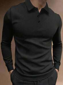 男士黑色长袖 Polo 衫，商务休闲通勤舒适百搭上衣，春秋季 - 黑色 - 查看 4