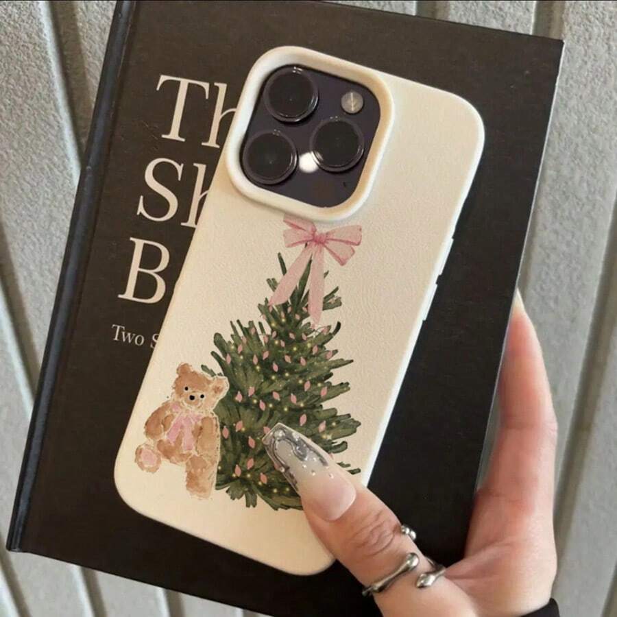 1pc TPU Material Cute Pink Bow Christmas Tree & Teddy Bear Pattern Phone Case Suitable For IPhone