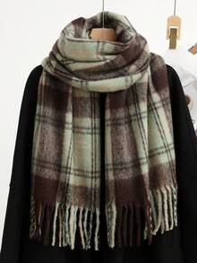 1pc Versatile Multi-Color Plaid Scarf, Warm And Casual, Suitable For Autumn/Winter For Dress - Maillard Green - View 1