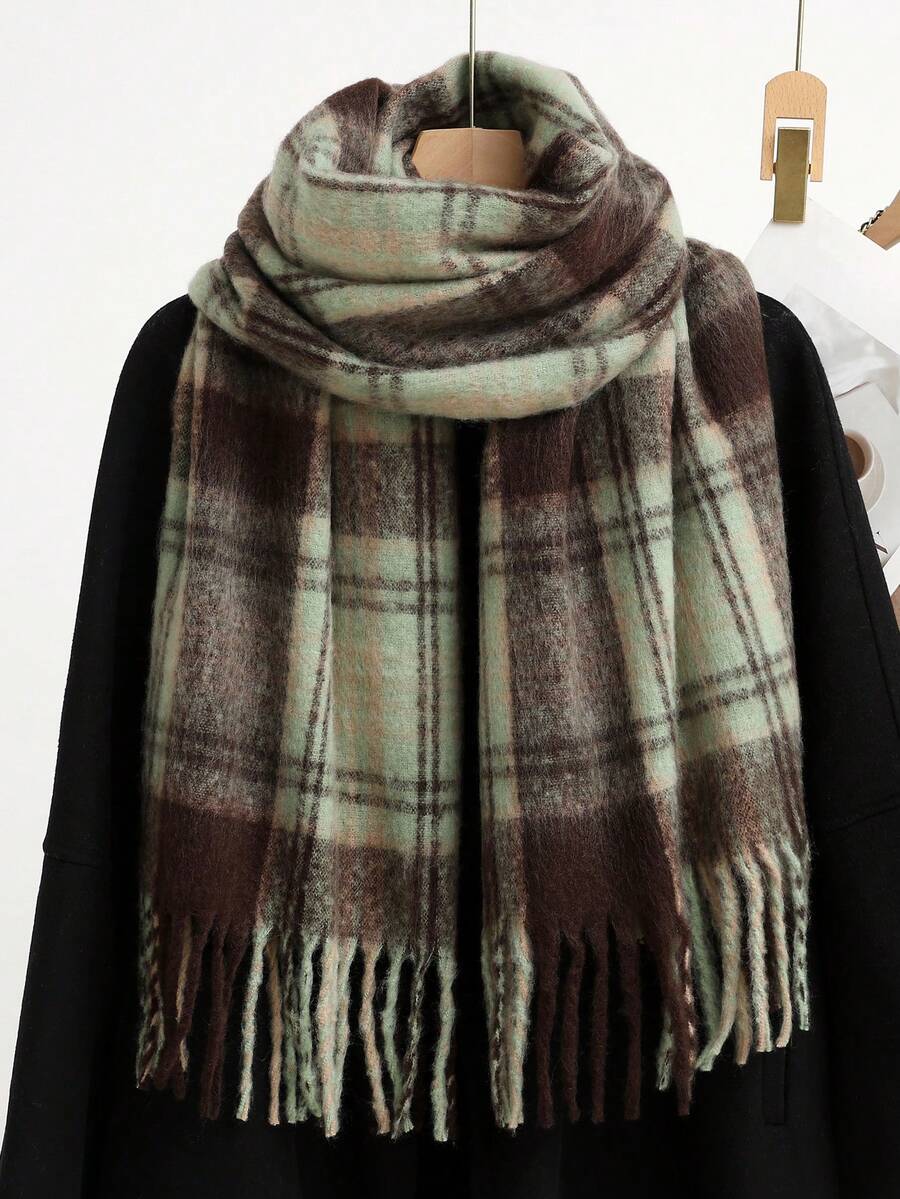 1pc Versatile Multi-Color Plaid Scarf, Warm And Casual, Suitable For Autumn/Winter For Dress - Maillard Green - View 1