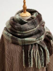 1pc Versatile Multi-Color Plaid Scarf, Warm And Casual, Suitable For Autumn/Winter For Dress - Maillard Green - View 3