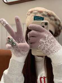 Women's Gloves With Winter Exposed Fingers, Thick And Warm, Cute Student's Anti Cold Yarn, Touch Screen Christmas Tree Gloves