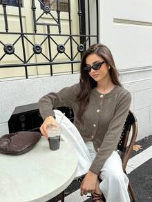 SEREN Autumn And Winter New Women's Round Neck Camel Color Single Breasted Long Sleeved Knitted Cardigan Top, Fashionable, Simple, Versatile, Street Casual And Lazy Style Suitable For Daily Commuting Sweater Coat Women's Clothing Chic Autumn