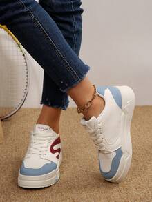 Women's Casual Sneakers - Chic White With Blue & Red Accents, Lace-Up Round Toe Faux Cover Upper, Breathable Fabric Lining & Cushioned EVA Insole, Durable Rubber Sole Low-Top All-Season Walking Shoes For Casual Attire, Ladies Sneakers, Sleek Sneaker Design - Blue - View 4