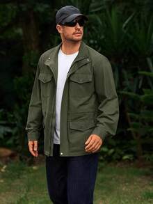 Mens Military Jacket Full Zip And Button  Field Jacket Multi Pocket Cargo Outdoor Coathalloween - Army Green - View 8