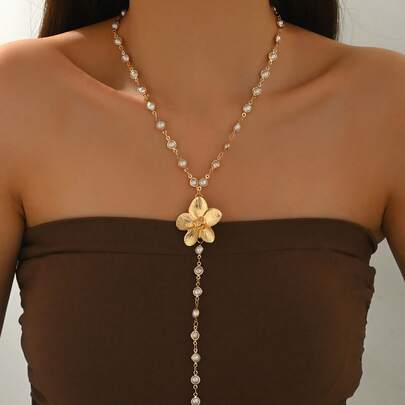 1 Dây chuyền dài hình chữ Y đính ngọc trai sang trọng, trang sức trang trí hoa 3D bằng vàng thanh lịch dành cho nữ, thích hợp đeo hàng ngày, dự tiệc, lễ hội. Chiều dài dây có thể tùy chỉnh.