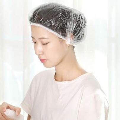 100개 일회용 샤워 캡, 투명 플라스틱 헤어 캡, 보닛, 샤워 캡, 샤워 액세서리, 욕실 액세서리, 욕실, 저렴한, 방수 탄성 배스 캡 헤어 트리트먼트, 염색, 스파, 호텔, 여행 및 가정용, 개학 필수품 방수 및 내유성 샤워 캡