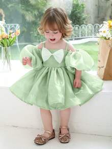 Baby Girls 0-3 Years Old Mint Green Puff Sleeve Bow Tie Elegant Dress, Princess Dress Suitable For 1 Year Old Birthday Party, Wedding Flower Girl, Holiday Celebration - Mint Green - View 3