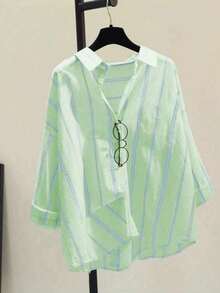 Women's Striped Casual Commuter Elegant Striped Button Down Shirt, Long Sleeve Blouse, Spring And Summer - Green - View 5