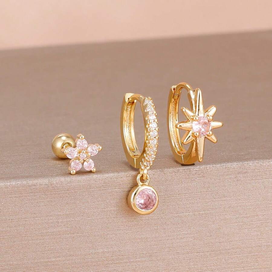 Bộ 3 khuyên tai đính đá Zirconia hình ngôi sao thời trang dành cho nữ, thép không gỉ mạ vàng 18K, đính đá Cubic Zirconia hình ngôi sao độc đáo, bộ trang sức xỏ khuyên thanh lịch cho sụn vành tai, vành tai xoắn ốc dành cho nữ - Bột Vàng-3 Cái - Xem 1
