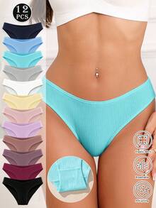 12 Packs Of Solid Color Simple Ribbed Underwear Women, Soft, Stretchy And Breathable  Knitted Panties, Available In A Variety Of Colors And Sizes From S To XXL Underwear For Women, Suitable For Comfortable And Casual Wear Cotton Panties - Nhiều màu - Xem 9