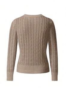 女士针织长袖T恤，自由形态，时尚简约商务休闲通勤优雅度假保暖高端百搭修身胜利日可爱上衣，复古韩版风格 - 卡其色 - 查看 4