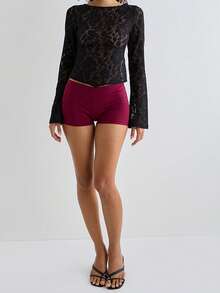 Women's Lace Tops Fall Fashionable Solid Color Bell Long Sleeve Backless Slim Fit Shirts - Black - View 5