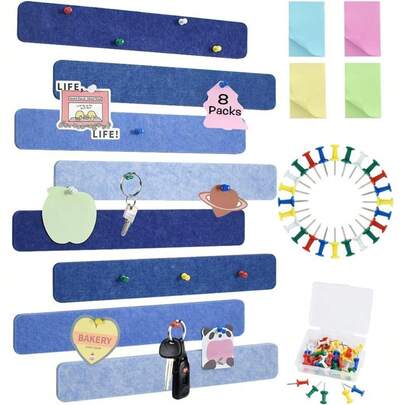 8Pcs Felt Bulletin Board Bar Strip, Self-Adhesive Pin Board Bar Frameless Wall Memo Strip With 35Pieces Pushpins For Office Classroom Home Display Message Board, Cork Board, Vision Board