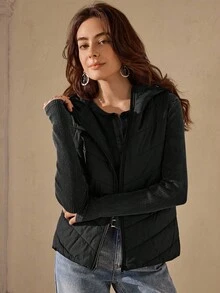 Wildy 女式无袖连帽绗缝棉衣大衣，秋冬保暖，女士深秋休闲口袋，拉链连帽修身黑色纯色女式棉衣大衣，冬季保暖/冬季时尚 - 黑色 - 查看 3
