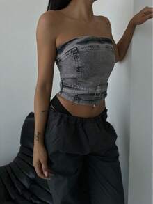 SQUALO المرأة دينيم نمر الطباعة bandeau المحصول الأعلى شقة حافة - رمادي - مشاهدة 3