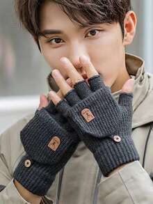 1 Pair Of Winter Warm Knitted And Plush Thick Half Flip Gloves, Touch Screen Riding Student Writing Plush Gloves - Multicolor - View 4