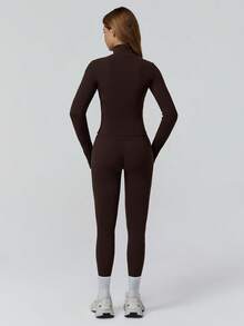 MASKERT 女士套装拼布外套女瑜伽服运动服健身服弹力拼布长裤紧身跑步服柔软舒适居家休闲 - 巧克力棕 - 查看 2