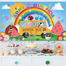 1pc Happy Birthday Party Backdrop Banner With Cartoon Watermelon, Rainbow, Farm Animals, School Bus Background, Suitable For Birthday Party, Cake Table, Photo Booth, Theme Party Decor, Gift