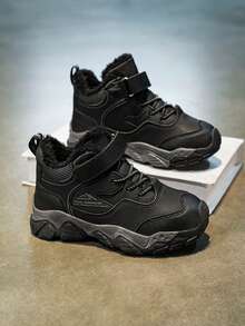 儿童皮革防水防滑时尚休闲毛绒内衬冬靴 - 黑色 - 查看 1