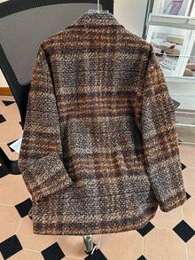 女士宽松格子翻领纽扣休闲长袖外套，带口袋，适合秋、冬、春季穿着。