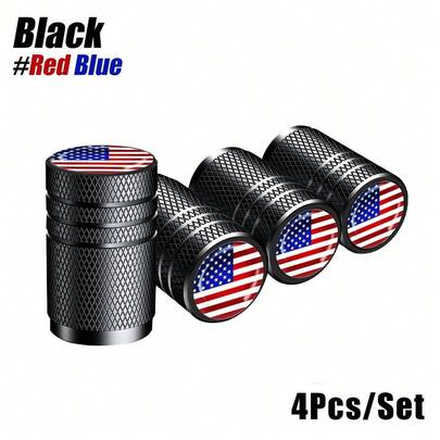 4 件美国国旗轮胎气门嘴盖 - 耐用金属，带防漏塑料衬里，耐腐蚀，适用于汽车、卡车、摩托车和自行车