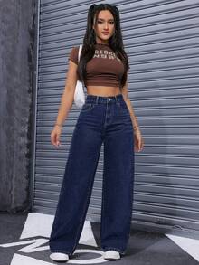 Pantalones Vaqueros de Pierna Ancha para Mujer Cintura Alta Recta y Suelta, Tejido Elástico Azul Lavado, Elegantes y Casuales - Azul - Ver 3